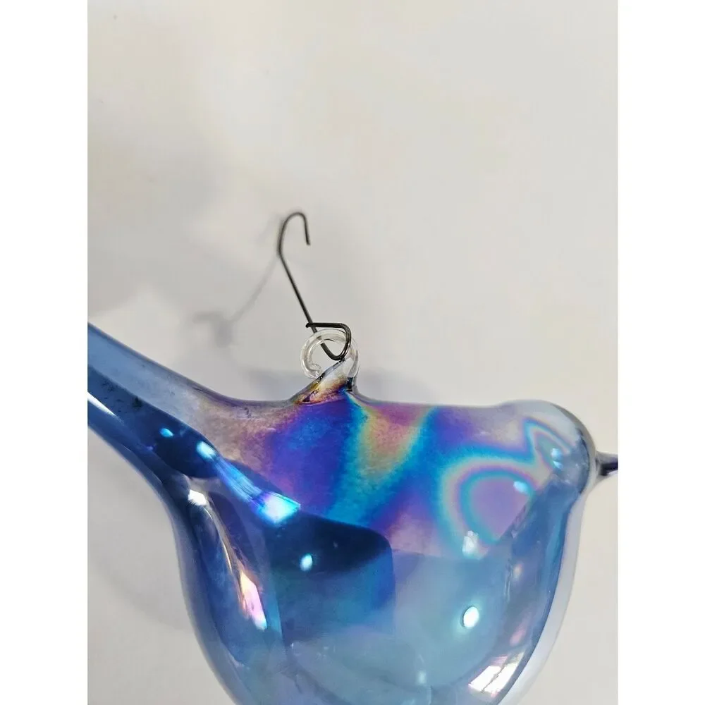 Vintage Hand Blown Glass Opalescent Blue Bird Sun Catcher Christmas Ornament